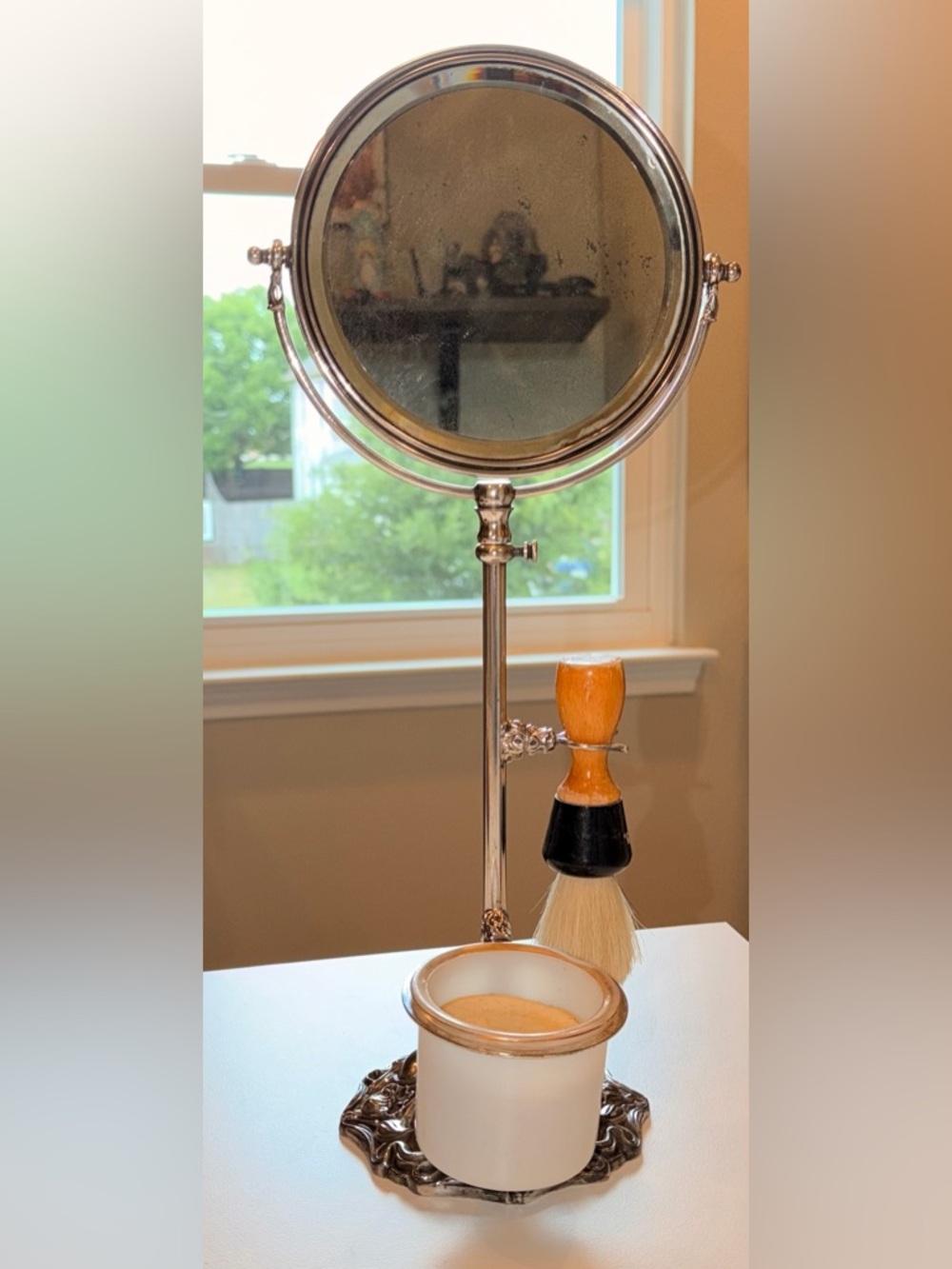 Antique Telescoping Silver Mirrored Shaving Stand & Ceramic Cup & Brush Holder